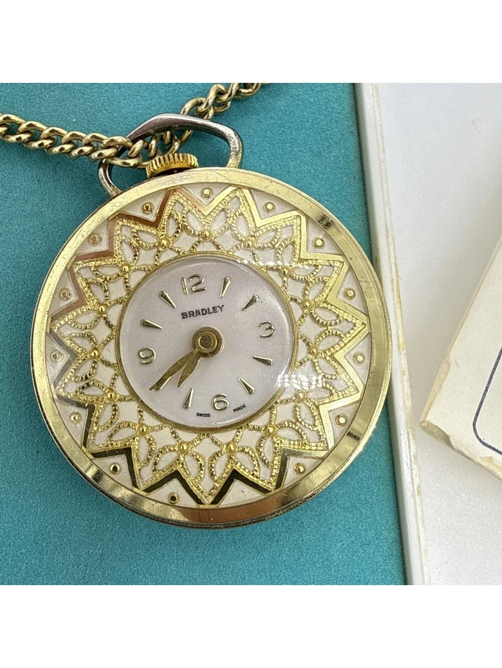 Vintage Bradley Pendant Watch Working Swiss Made Gold Tone Starburst 1966 Case